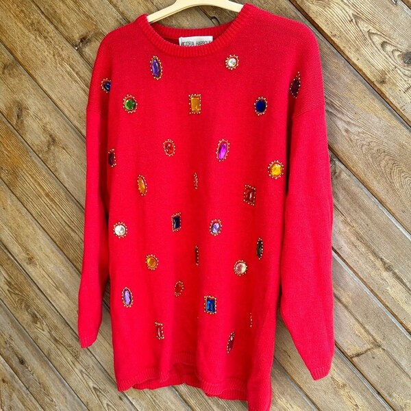 Victoria harbour vintage red bedazzled jewel sweater size large