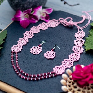 Crochet Jewelry, Pink Hexagon Floral Necklace & Earrings, Handmade Statement Jewelry
