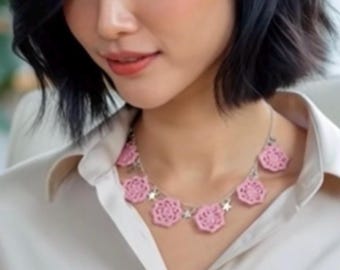 Pink Crochet Flower Necklace • Handmade Floral Statement Necklace • Lightweight Crochet Jewelry • Delicate Flower Choker • Cute Gift for Her