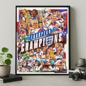 Pôster das Lionesses da Inglaterra, campeãs europeias de 2022 e 2025 | Arte de parede de futebol feminino | Impressão das campeãs da Eurocopa da Inglaterra | Download digital