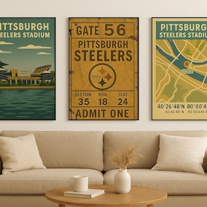 Pittsburgh Steelers Wall Art Set: Acrisure Stadium, Vintage Ticket, Map (Digital Download