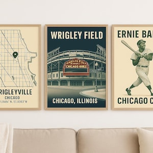 Chicago Cubs Digitaldruck-Bundle – Wrigley Field, Ernie Banks & Map Wall Art | Vintage Cubs Dekor, Wrigleyville Poster Set