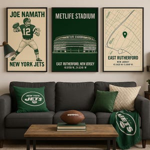 Lot d'affiches des Jets de New York – MetLife Stadium, carte Joe Namath et East Rutherford | Art mural vintage, cadeau de fan de Jets, téléchargement numérique