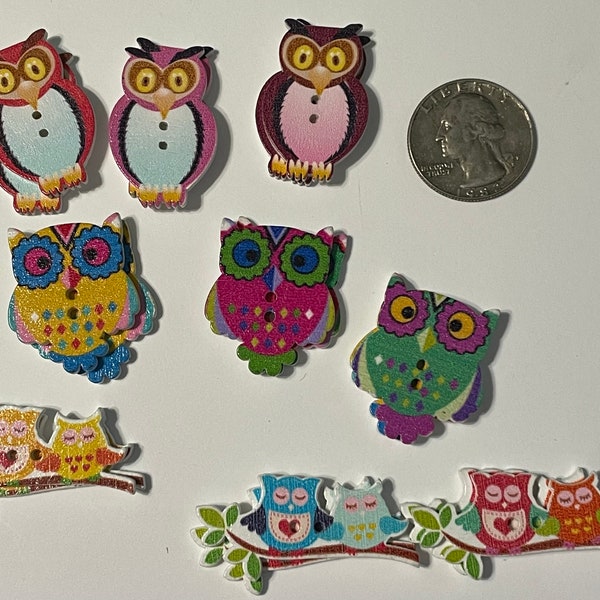 Set of 10 Wood Owl buttons | 2 Hole | Colorful