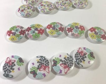 Set of 14 Wood Flower Designs BUTTONS 2 Hole Colorful