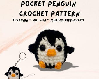 May include: Crochet pattern for a small penguin keychain. The pattern is for a no-sew project and is considered medium difficulty. The image shows a finished penguin keychain and a close-up of the penguin's face.