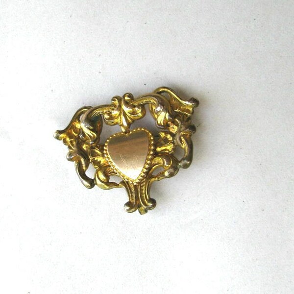 Vintage 30s Pocket Watch Pin Heart w Scrolls, Antique Jewelry