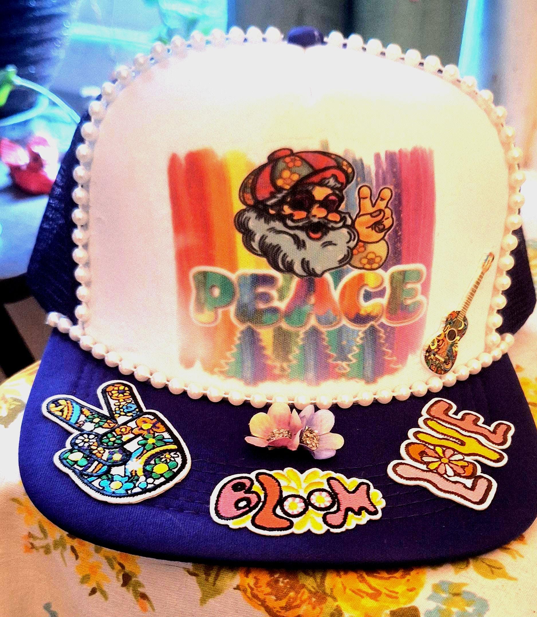 New Custom Designed Blue Distressed Baseball Cap with Colorful Peace Hippie Van. Nirvana Butthole Surfers Mens Trucker Hat Blue Snapback 90s  main image 3