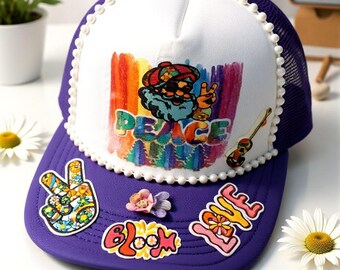 New Custom Designed Blue Distressed Baseball Cap with Colorful Peace Hippie Van. Volkswagen Be Happy Royal Blue Hat | Adjustable Cap in Royal main image 2