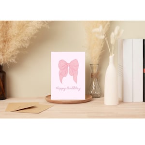 Printable Birthday card digital download, Aesthetic birthday cards, happy birthday, Printable greeting card, pink bow, birthday prints