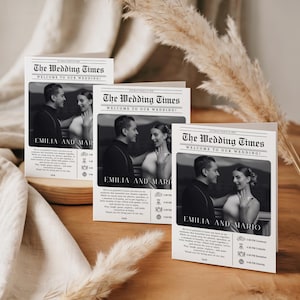 May include: Three white wedding program cards designed like a newspaper titled The Wedding Times. Each card features a black and white photograph of a couple, the names Emilia and Mario, and a schedule of events with icons for the ceremony and reception.