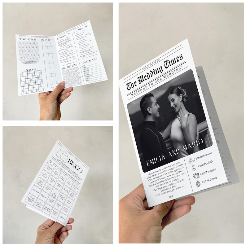 May include: A wedding program booklet titled The Wedding Times featuring a black and white photograph of a couple named Emilia and Mario, a schedule of events, and interior pages with printed games including word search, sudoku, and bingo.