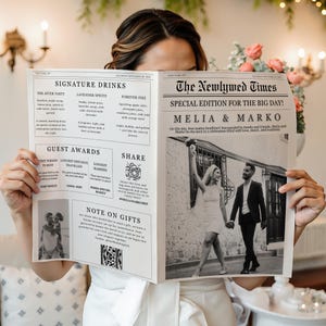 May include: A person holding a newspaper titled "The Newlywed Times" with the headline "Melia & Marko." The newspaper features wedding details, signature drinks, guest awards, and a photo of the couple. The background includes flowers and a decorative wall sconce.