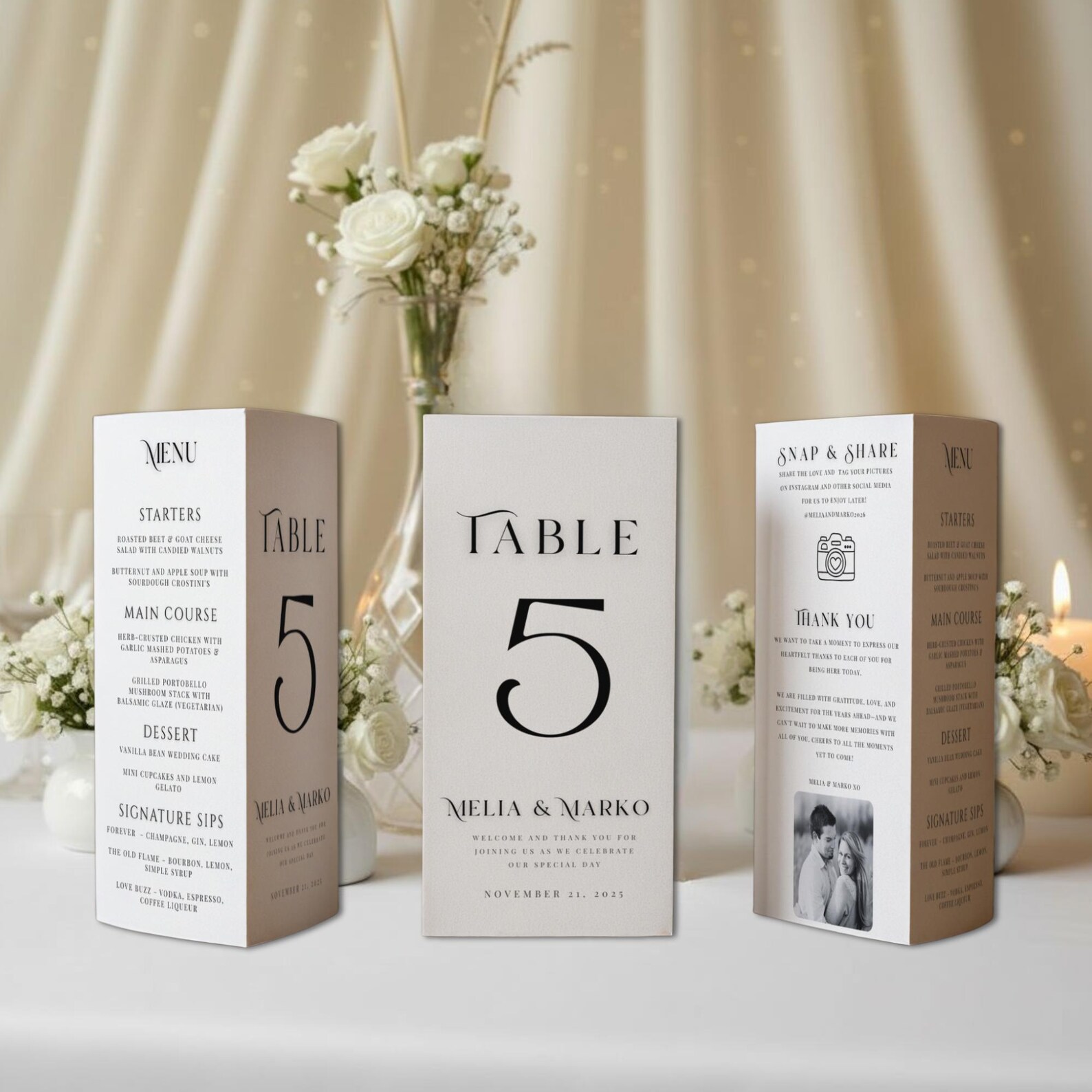 Trifold Wedding Menu, Elegant Table Sign, Simple Wedding Menu, Food and ...