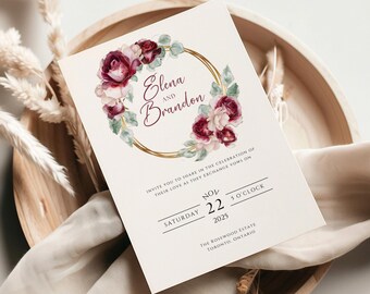 Burgundy Wedding Invitation Suite, Red Wedding Suite, Wedding Invitation Template, Burgundy RSVP, Details Card, Rose Wedding Invitation