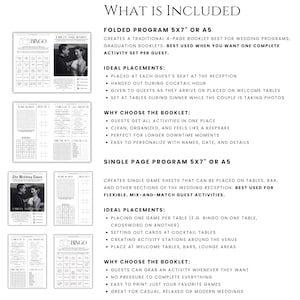 May include: A black and white informational graphic detailing wedding program options, including a 5x7 inch folded booklet and a 5x7 inch single page sheet. The text outlines features, placement suggestions, and benefits for both formats.