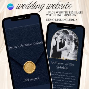 Könnte beinhalten: Zwei Smartphones mit einer Hochzeits-Website-Vorlage. Der linke Bildschirm zeigt einen dunkelblauen Umschlag mit einem goldenen Wachssiegel und dem Text Special Invitation Awaits. Der rechte Bildschirm zeigt ein Schwarz-Weiß-Foto eines Paares.