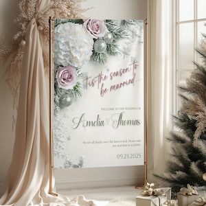 Winter Wedding Welcome Sign: Mauve Roses & White Hydrangeas (Canva Template Digital Download
