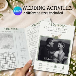 Puede incluir: Una tarjeta de actividades de boda con una foto en blanco y negro de una pareja, el texto "LET'S CELEBRATE", "WEDDING ACTIVITIES" y "2 different sizes included". La tarjeta incluye una sopa de letras, sudoku y un juego de letras.