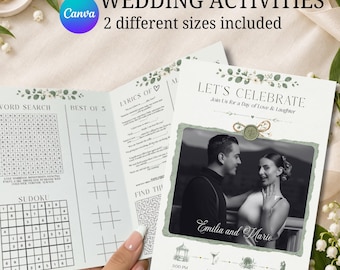 Pode incluir: Um cartão de atividades de casamento com uma foto a preto e branco de um casal, o texto "LET'S CELEBRATE", "WEDDING ACTIVITIES" e "2 different sizes included". O cartão inclui um caça-palavras, sudoku e um jogo de letras.