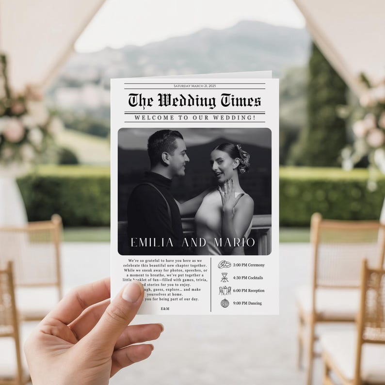 May include: A white wedding program booklet titled The Wedding Times with a black and white photograph of a couple. The text includes the date Saturday March 21, 2025, the names Emilia and Mario, a welcome message, and a schedule of events with icons.