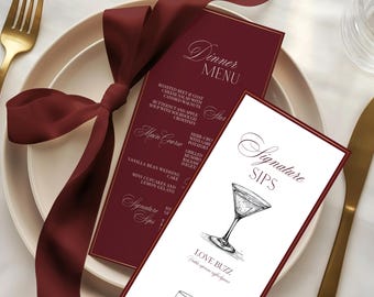 Menù di nozze in stile Borgogna, Menù di nozze per ceti benestanti, Menù di bevande speciali, Cartelli per cibo e bevande, Modello Canva, Menù di nozze elegante, BGWED
