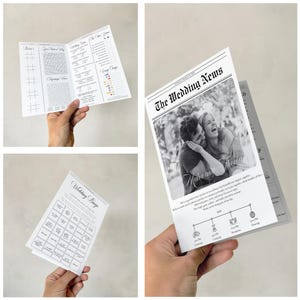 Pode incluir: Um livreto de programa de casamento em papel branco com uma fotografia a preto e branco de um casal, o texto The Wedding News, Malia and Thomas, uma cronologia de eventos, um cart&atilde;o de bingo, jogo do galo e v&aacute;rias sec&ccedil;&otilde;es.