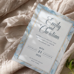 Blue Marble Wedding Invitation Set: Gold Accents, Editable Canva Template (Digital Download))