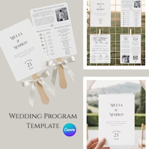Op de afbeelding: Een verzameling trouwprogramma-sjablonen. De sjablonen omvatten een waaier, kaarten en een displaybord. De waaier en kaarten tonen de namen Melia & Marko, de datum 21 september 2025 en huwelijksdetails. Het displaybord heeft meerdere kaarten met huwelijksinformatie.