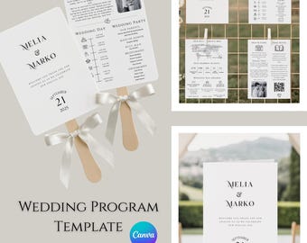May include: A collection of wedding program templates. The templates include a fan, cards, and a display board. The fan and cards feature the names Melia & Marko, the date September 21, 2025, and wedding details. The display board has multiple cards with wedding information.