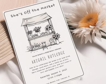 Invito "She's Off the Market", Modello di addio al nubilato con disegni a mano libera, Invito "Fresh Off The Market", Invito per addio al nubilato disegnato a mano, Canva