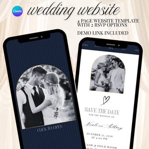 May include: A digital wedding website template for Canva featuring two smartphone screens. The screens display a four-page layout with arch-shaped photo frames, black and white couple photography, and text including Save the Date, Nicole and Anthony.