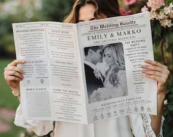 Wedding Newspaper Program Template, Canva Newspaper Template, Newspaper Program, Magazine Program, Wedding Programs, Editable Template