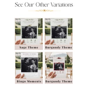 Pode incluir: Quatro cart&otilde;es de convite de casamento retangulares com fotografias a preto e branco de um casal. Os cart&otilde;es exibem o texto Let's Celebrate e Wedding Activities com detalhes florais em tons de verde s&aacute;lvia ou bord&ocirc;.
