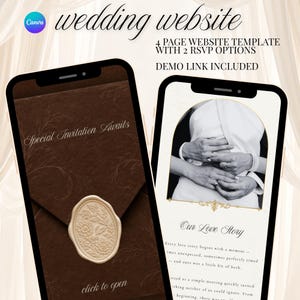 May include: A digital wedding website template displayed on two smartphones. The left screen shows a dark brown envelope with a floral wax seal and the text Special Invitation Awaits. The right screen displays a black and white photo of hands.