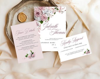 Floral Wedding Invitation Template, Elegant Wedding Invitation Suite, Wedding Invitation Suite Template, Canva Template, Blush Pink Wedding