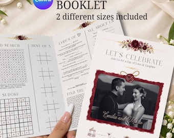 Pode incluir: Um livreto de atividades de casamento com uma foto em preto e branco de um casal, o texto Let's Celebrate, Emilia and Mario, e seções para caça-palavras, Sudoku e letras de músicas. O design inclui detalhes florais bordô e um selo.