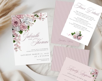 Floral Wedding Invitation Template, Elegant Wedding Invitation Suite, Wedding Invitation Suite Template, Canva Template, Blush Pink Wedding