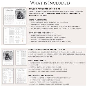 Pode incluir: Um gr&aacute;fico informativo intitulado WHAT IS INCLUDED detalhando duas op&ccedil;&otilde;es de programas de casamento: um livreto dobrado de 4 p&aacute;ginas de 5x7 polegadas ou A5 e um programa de p&aacute;gina &uacute;nica de 5x7 polegadas ou A5, com ideias de posicionamento.