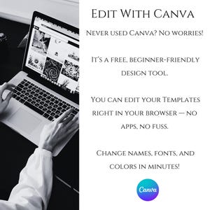 May include: A black and white graphic featuring a laptop displaying a design interface. The text reads: Edit With Canva, Never used Canva? No worries! It's a free, beginner-friendly design tool. You can edit your templates right in your browser.