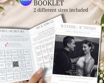 Pode incluir: Um livreto de atividades de casamento com páginas brancas e texto preto. A capa apresenta uma fotografia em preto e branco de um casal, com o texto 'WEDDING ACTIVITIES', 'GAMES MEMORIES LOVE' e 'OLIVIA & MARIO'S WEDDING ACTIVITY BOOK JULY 16 2020'.