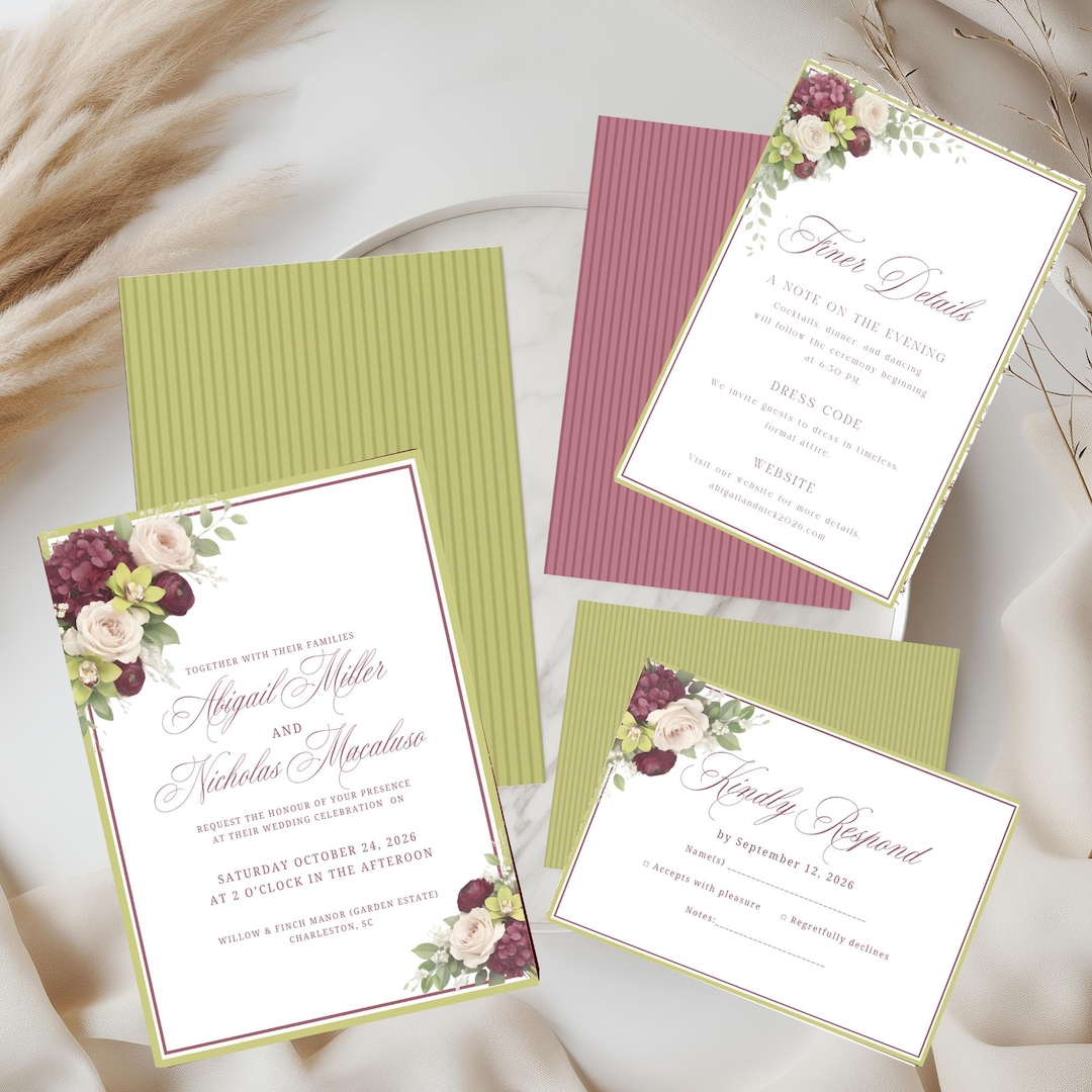 Chartreuse and Burgundy Wedding Invitation, Luxury Wedding Suite ...