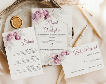 Dusty Rose Wedding Invitation Template,  Rose Gold Wedding Invitation Suite, Wedding Invitation Digital Download, Boho Wedding Invitation