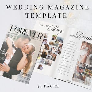 Può includere: Un modello di rivista di matrimonio con il testo "WEDDING MAGAZINE TEMPLATE" in alto. La rivista presenta il testo "FOREVER" e "FOREVER & Always". La rivista include foto e il testo "34 PAGES".