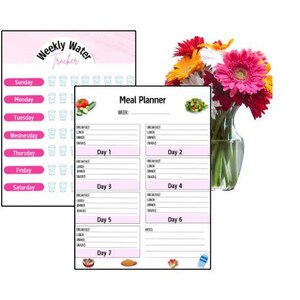 Puede incluir: Un planificador de comidas y un rastreador de agua semanal imprimibles. El rastreador de agua tiene un fondo rosa con un borde rayado rosa y blanco. El planificador de comidas tiene un fondo rosa con un borde blanco. El planificador de comidas tiene una sección para cada día de la semana, con espacio para el desayuno, el almuerzo, la cena y los refrigerios.