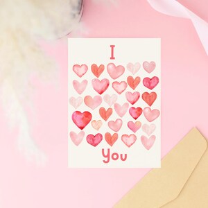 Tarjeta de San Valentín con "Te amo" / Linda tarjeta con meme / Tarjeta imprimible con corazones de acuarela / Dulce tarjeta de cumpleaños para él o ella / Descarga instantánea