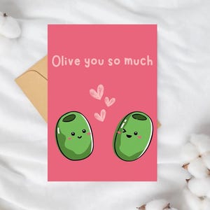 Tarjeta de San Valentín con texto en inglés "Olive You" / Linda tarjeta con meme / Tarjeta imprimible con un feliz día de San Valentín / Tarjeta de cumpleaños divertida para ella o para él / Tarjeta con un corazón de amor