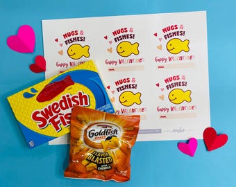 HUGS & FISHES Valentine  | Goldfish Valentine  |  Classroom Valentine's Cards  |  Instant Download  |  Set of 6