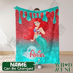 Custom Ariel Blanket For Kids, Personalized Cartoon Characters Ariel Plush Blanket, Custom Name Ariel Blanket, Christmas Gift for Kids