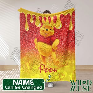 Custom Pooh Blanket, Personalized Cartoon Characters Plush Blanket, Custom Name Pooh Blanket, Birthday Gift, Christmas Gift for Kids